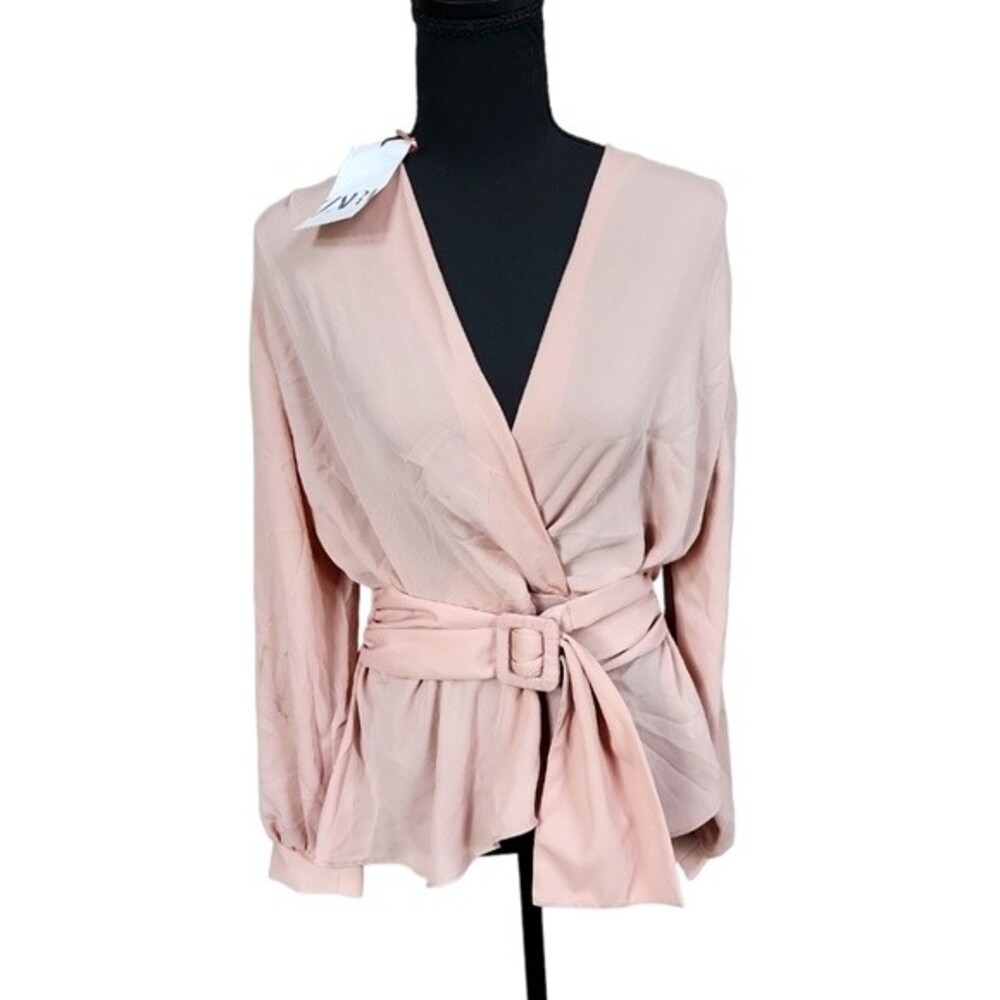 NWT new Zara women's Pink long sleeve v-neck belted blouse top shirt